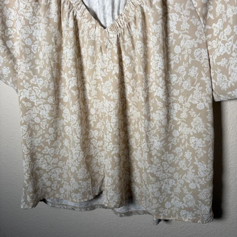 Loft Blouse Women's Small Brown Floral Puff Sleeve V-Neck Casual Top Shirt
